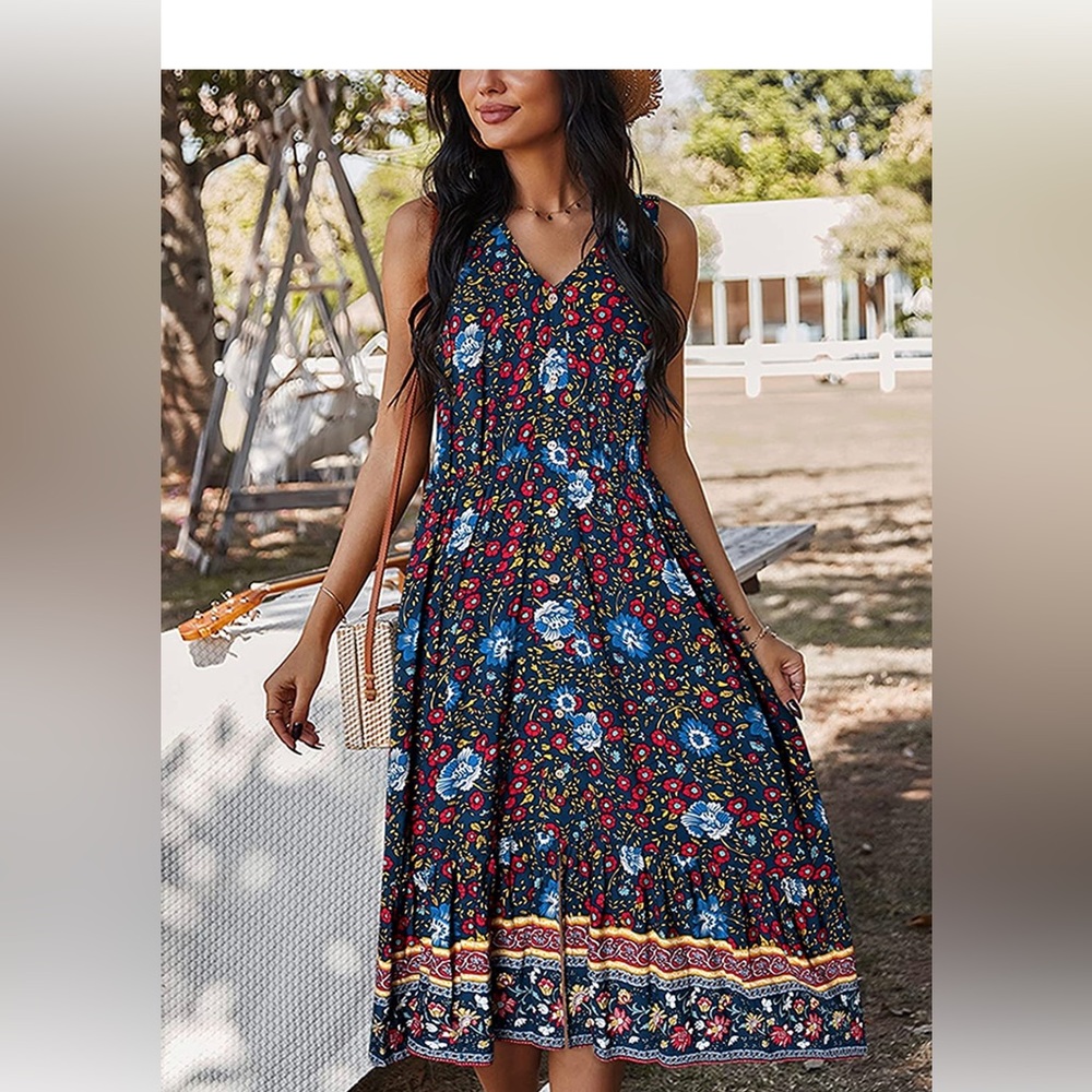 TEMOFON Women Dress Summer Sleeveless Floral Bohemian V Neck SZ Large